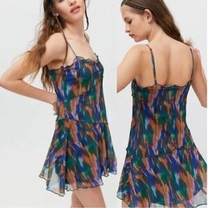Urban Outfitters Moxie Mesh Mini Slip Dress with an abstract multicolor print